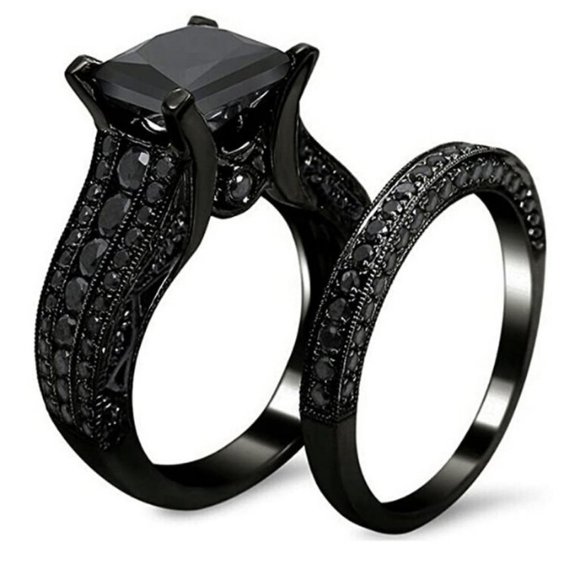 NEW 2PC/Set 2CT Princess Cut Black Sapphire Round Pave Engagement Ring - Picture 2 of 6